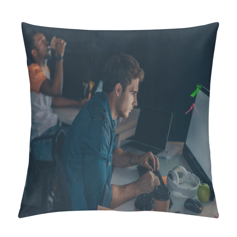 Personality  Selective Focus Of Attentive Programmer Working On Computer Near African American Colleague Drinking Coffee To Go  Pillow Covers