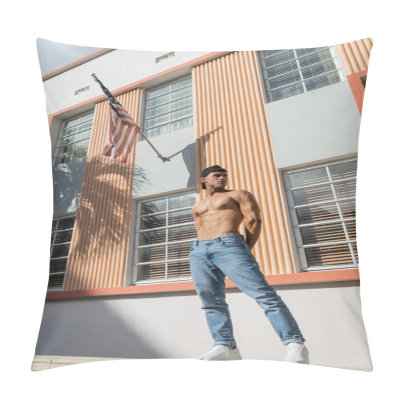 Personality  Shirtless Cuban Man In Baseball Cap And Jeans Standing On Parapet Near Building With American Flag  Pillow Covers