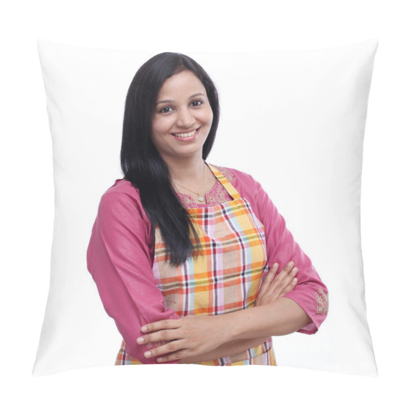 Personality  Portrait Of Young Woman With Kitchen Apron Against White Pillow Covers