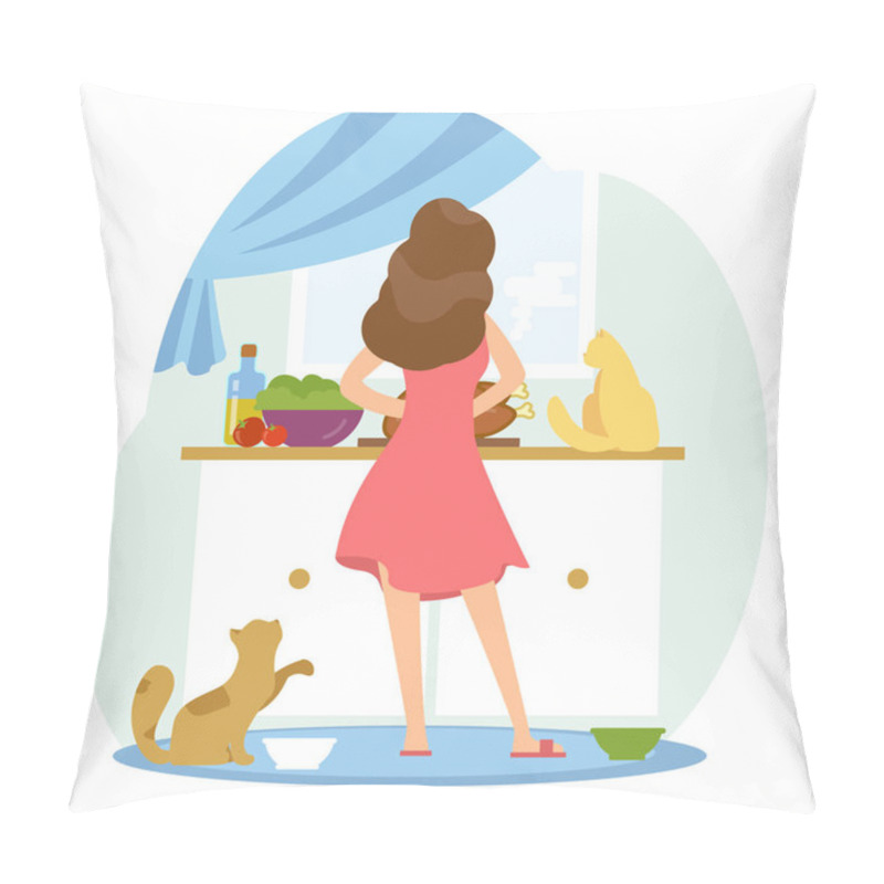 Personality  Girl Is Cooking In The Kitchen Whis Her Cats. Pillow Covers