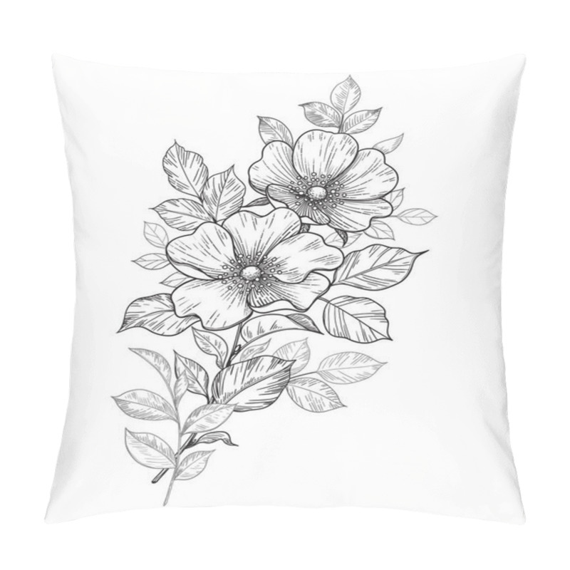 Personality  Hand Drawn Dog-rose Branch With Flowers And Leaves Isolated On White. Vector Line Art Monochrome Elegant Floral Composition In Vintage Style, Tattoo Design, Coloring Page, Wedding Decoration. Pillow Covers