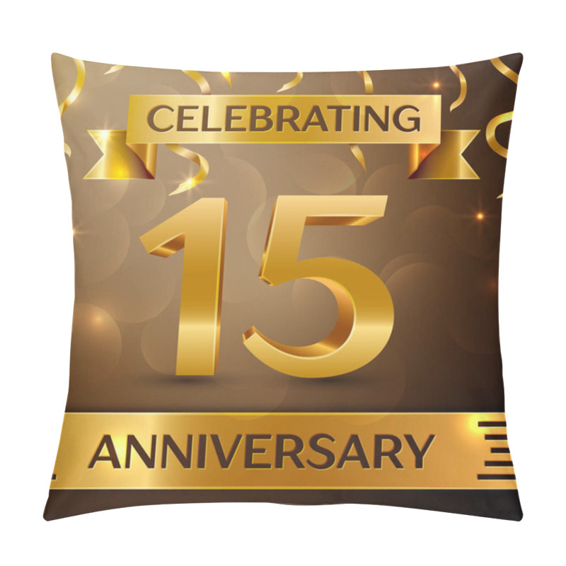 Personality  Fifteen Years Anniversary Celebration Design. Confetti And Gold Ribbon On Golden Background. Colorful Vector Template Elements For Your Birthday Party. Anniversary Ribbon Pillow Covers