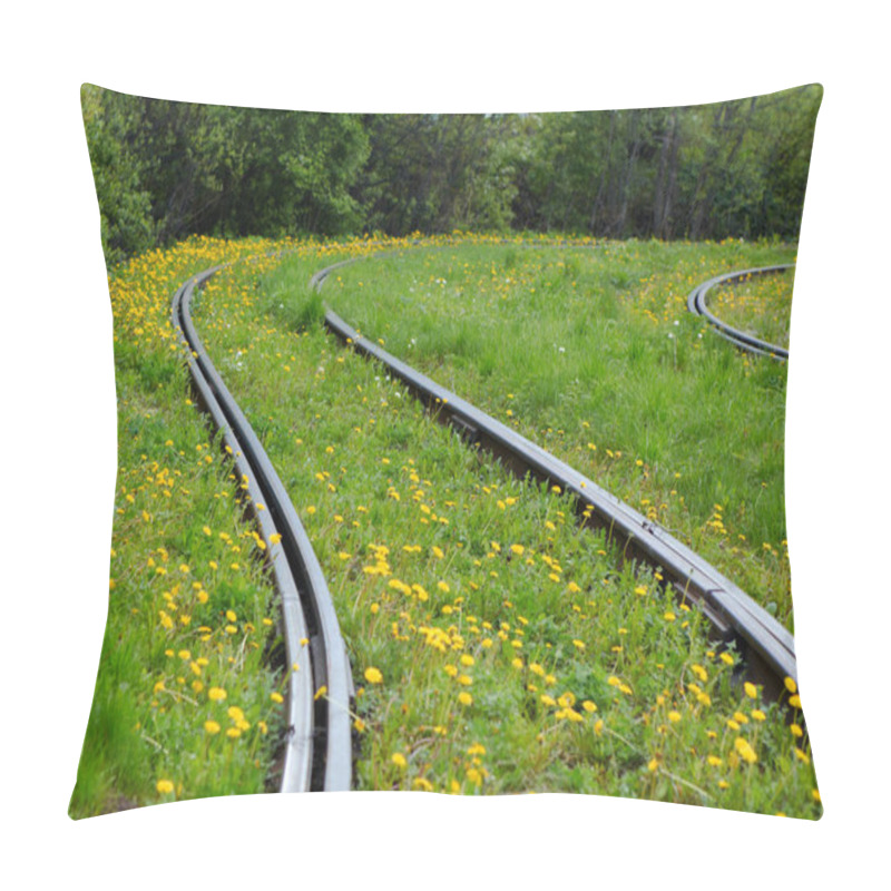 Personality  Old Rusty Rails. Tram Tracks, Overgrown With Grass And Dandelion Pillow Covers