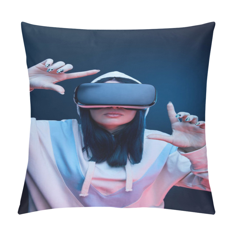 Personality  Brunette Woman In Hood Gesturing And Wearing Virtual Reality Headset On Blue Pillow Covers