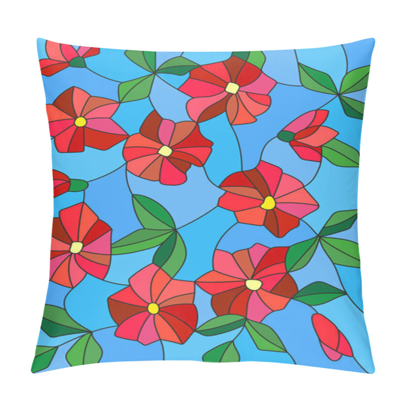 Personality  Illustration In The Style Of Stained Glass With Intertwined Abstract Red Flowers And Leaves On A Blue Background Pillow Covers