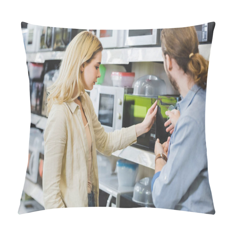 Personality  Consultant Showing Microwave And Talking With Woman In Home Appliance Store  Pillow Covers