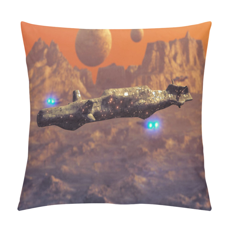 Personality  Cargo Spaceship Flying Over Planet Surface. Space Exploration Concept. 3D Illustration Pillow Covers