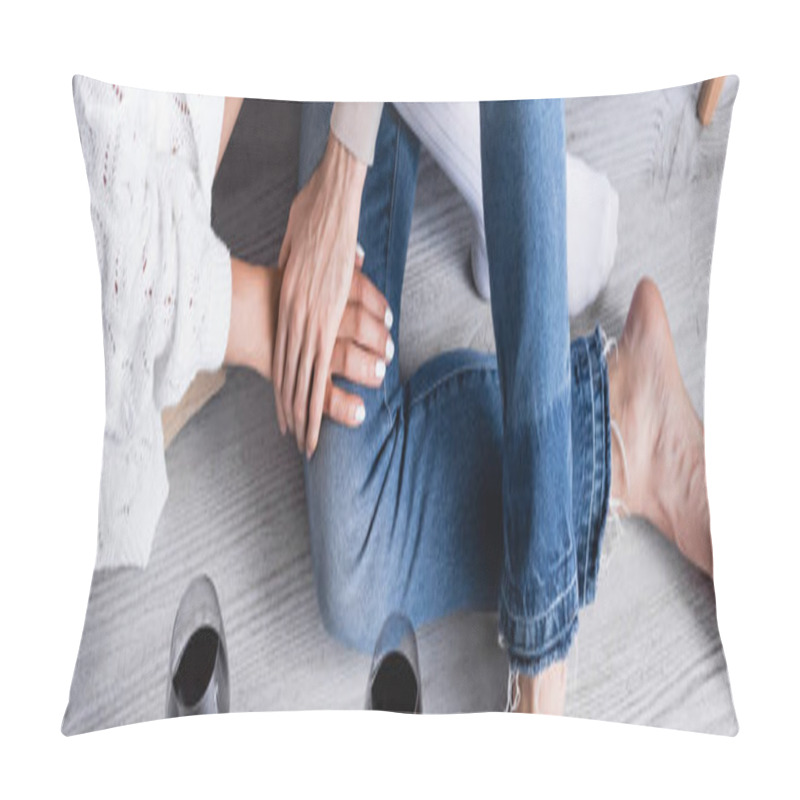 Personality  Cropped View Of Couple Holding Hands Near Glasses Of Wine On Floor, Banner  Pillow Covers