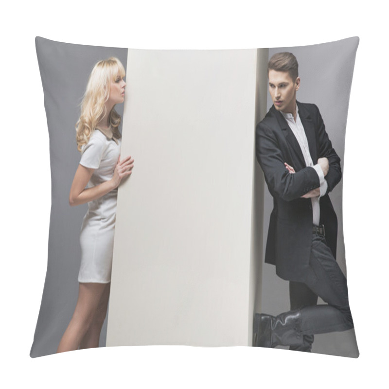 Personality  Alluring Blonde Woman Trying To Catch Her Boyfriend Pillow Covers