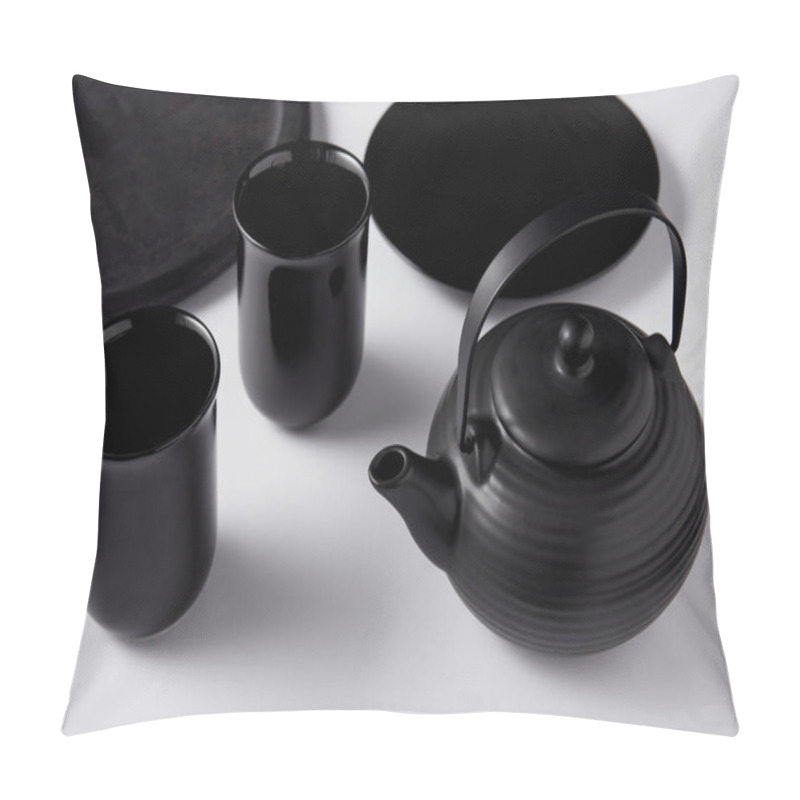 Personality  Selective Focus Of Black Teapot, Cups, Plate And Tray On White Table Pillow Covers