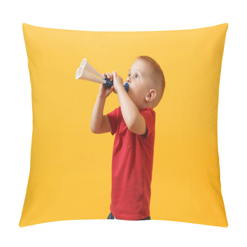 Personality  Little Cute Kid Baby Boy 3-4 Years Old, Football Fan In Red T-shirt Holding In Hand Pipe, Blowing Isolated On Yellow Background. Kids Sport Family Leisure Lifestyle Concept. Copy Space Advertisement Pillow Covers