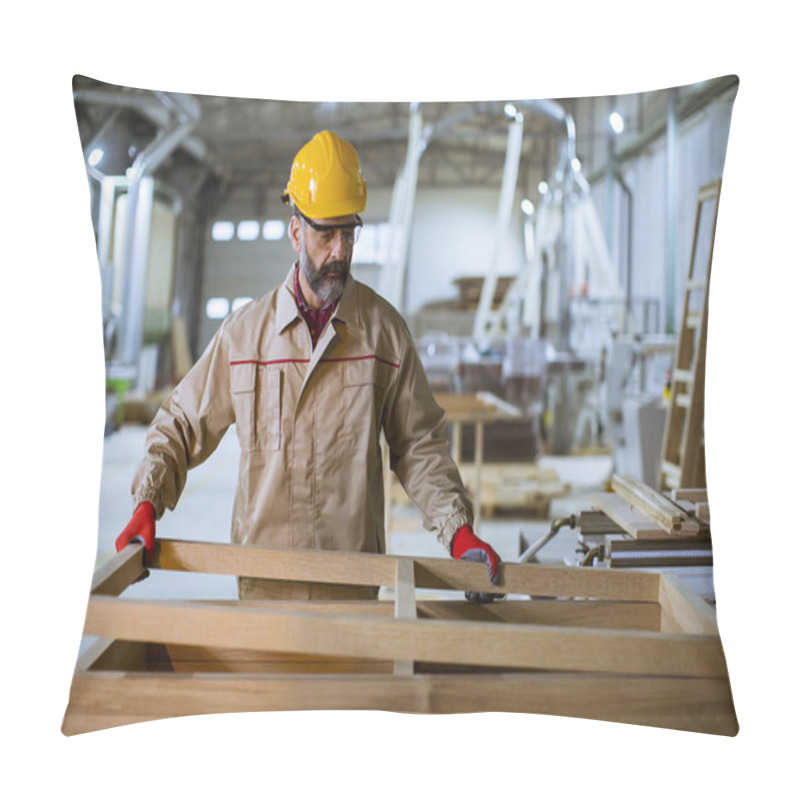 Personality  Handsome Middle Aged Worker In Protective Clothes Working In The Furniture Factory Pillow Covers