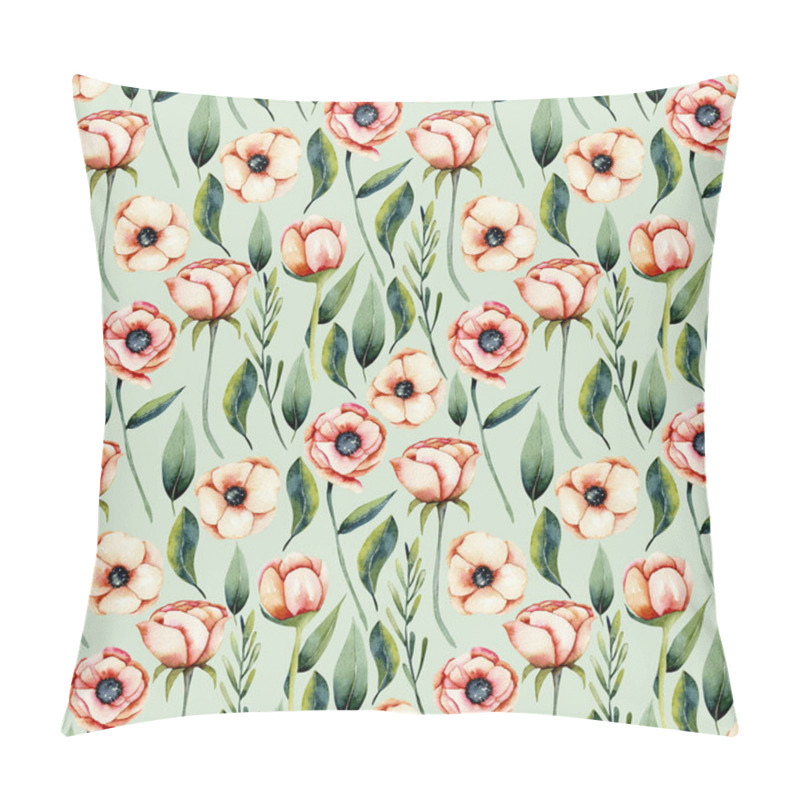 Personality  Watercolor Coral Anemone Flowers And Green Leaves Seamless Pattern, Hand Painted On A Green Background Pillow Covers