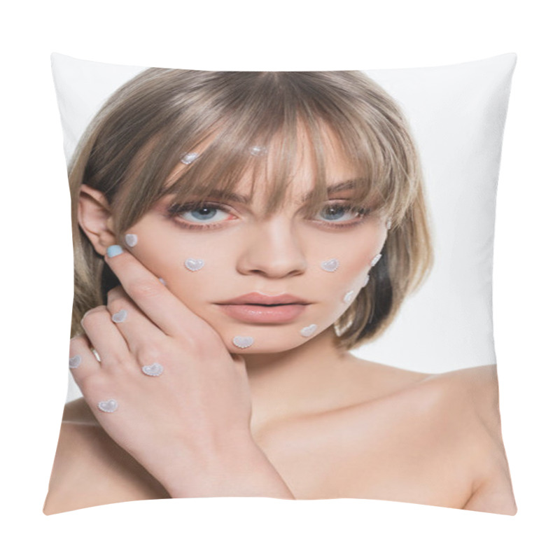 Personality  Sensual Young Woman With Nacreous Heart Shape Elements In Makeup Isolated On White  Pillow Covers