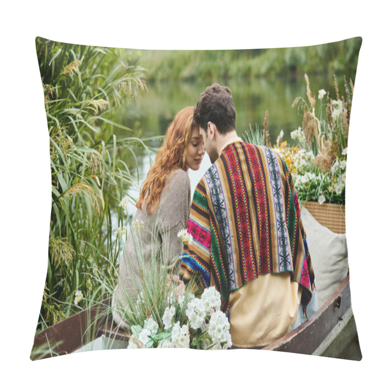 Personality  A Man And Woman Dressed In Boho Style Clothes Drift In A Boat Adorned With Flowers Through A Lush Green Park. Pillow Covers