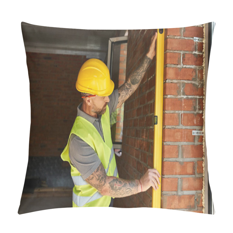 Personality  Handsome Bearded Construction Worker In Safety Vest Measuring Brick Wall With Level, Builder Pillow Covers