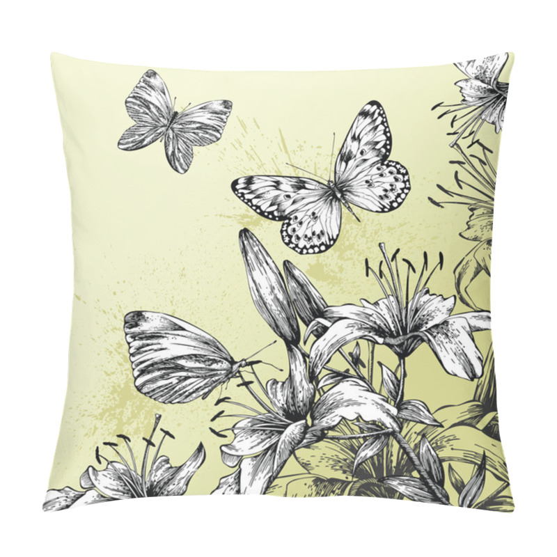 Personality  Background With Blooming Lilies And Beautiful Butterflies, Hand-drawing. Ve Pillow Covers