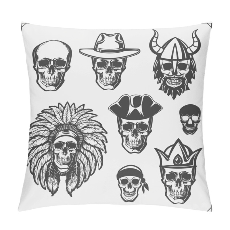 Personality  Set Of Emblems And Labels With Skulls. King, Viking, Indian And Pirate. Pillow Covers