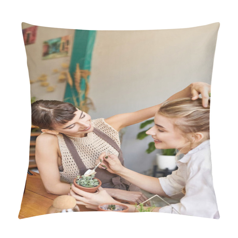 Personality  A Woman Getting Her Hair Styled By Another Woman In An Art Studio. Pillow Covers