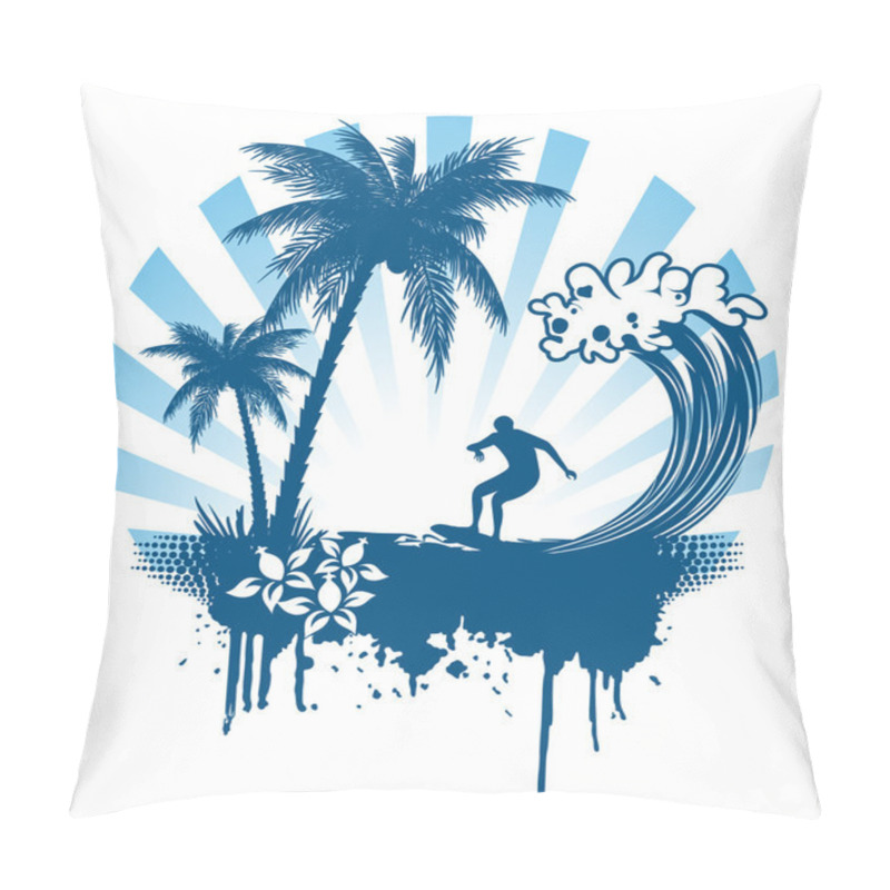 Personality  Palm And Surfing On Waves In Grunge Style Pillow Covers