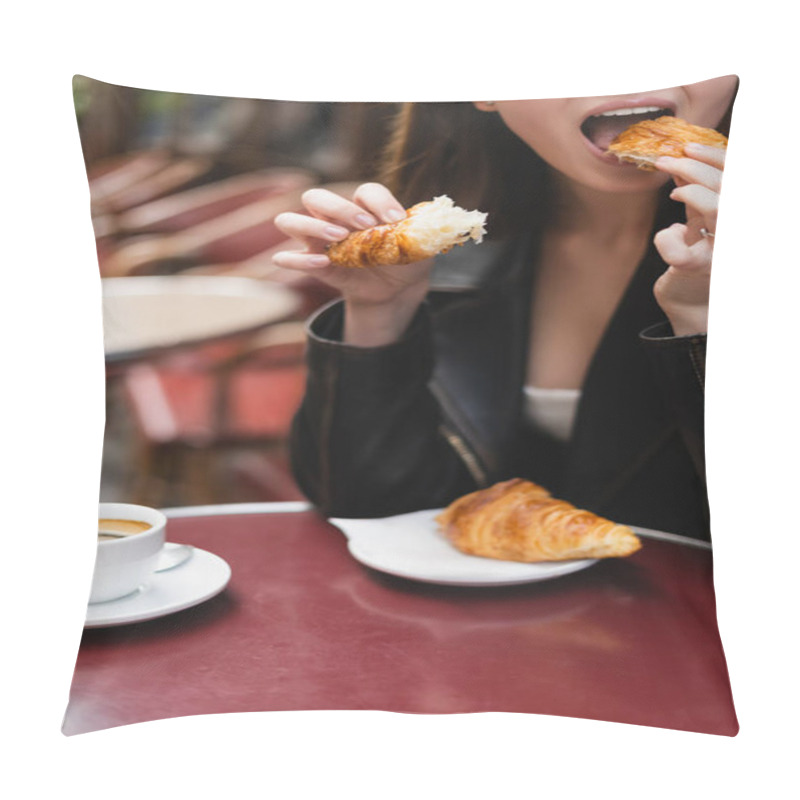 Personality  Cropped View Of Woman Eating Croissant Near Cup Of Coffee And Glass Of Orange Juice In Outdoor Cafe In Paris Pillow Covers