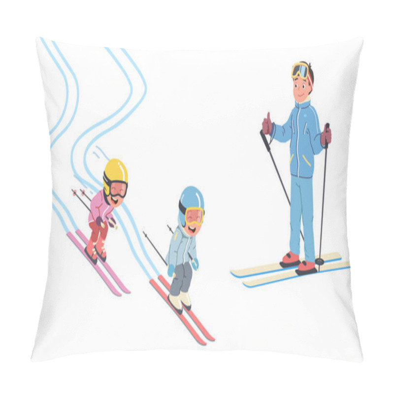 Personality  Father, Daughter, Son Kids Skiing On Snowy Slopes Pillow Covers