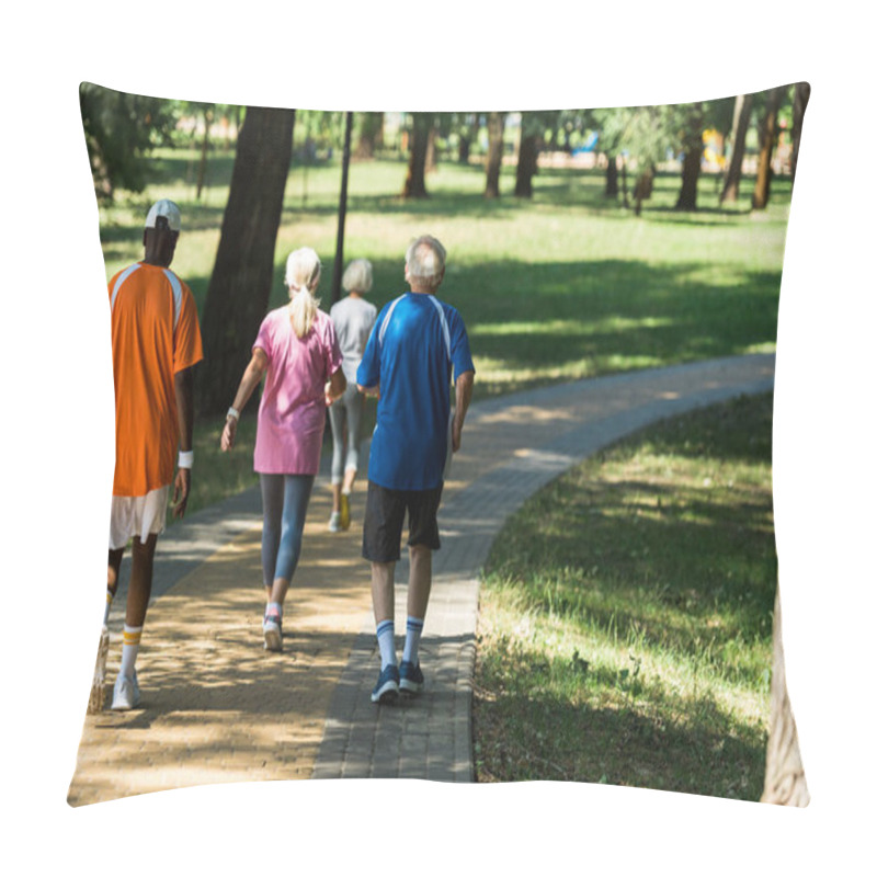 Personality  Back View Of Retired Multicultural Pensioners In Sportswear Walking In Walkway In Park Pillow Covers