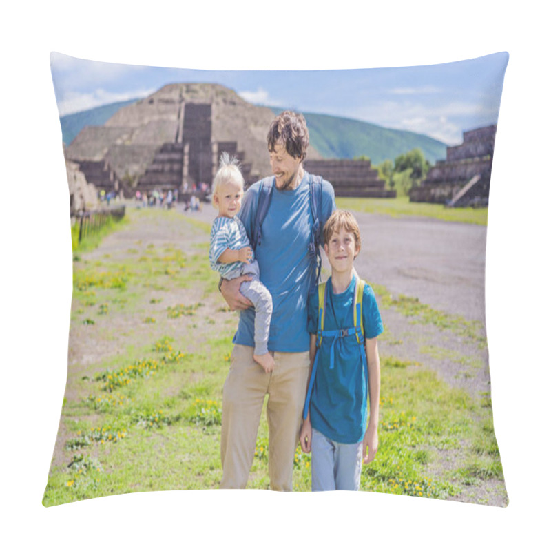 Personality  Father With His Toddler And Teenage Sons Exploring Teotihuacan, Mexico. Cultural Heritage, Ancient Ruins, And Archaeological Adventure Concept. Pillow Covers