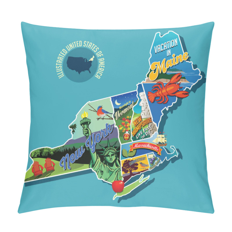 Personality  Illustrated Pictorial Map Of Northeast United States. Includes Maine, New Hampshire, Vermont, Massachusetts, Connecticut, Rhode Island And New York. Vector Illustration. Pillow Covers