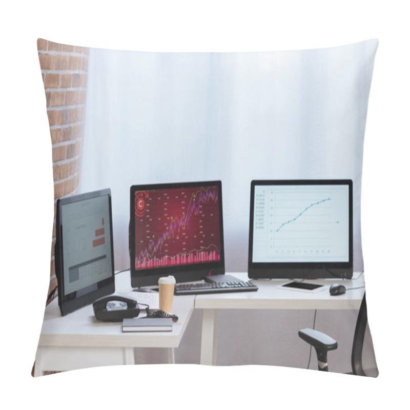 Personality  Computers With Charts Of Finance Stocks On Monitors, Coffee To Go And Telephone In Office  Pillow Covers