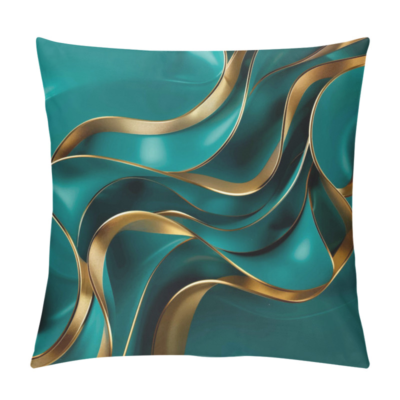 Personality  Teal Luxury Abstract Dynamic Liquid Flowing Fluid Lines Shapes 3d Pattern Background With Gold Waves. Surface 3d Texture. Ornamental Modern Flow Wavy Pattern. Art Deco Textured Ornate 3d Wallpaper. Pillow Covers