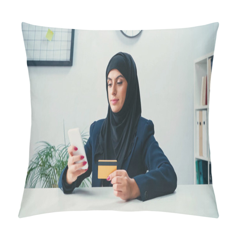 Personality  Muslim Woman Using Smartphone And Credit Card While Shopping Online  Pillow Covers