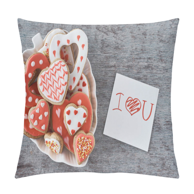 Personality  Decorated Heart Shape Cookies And Paper Sheet With Inscription I Love You On The Gray Background. Valentines Day Concept Pillow Covers