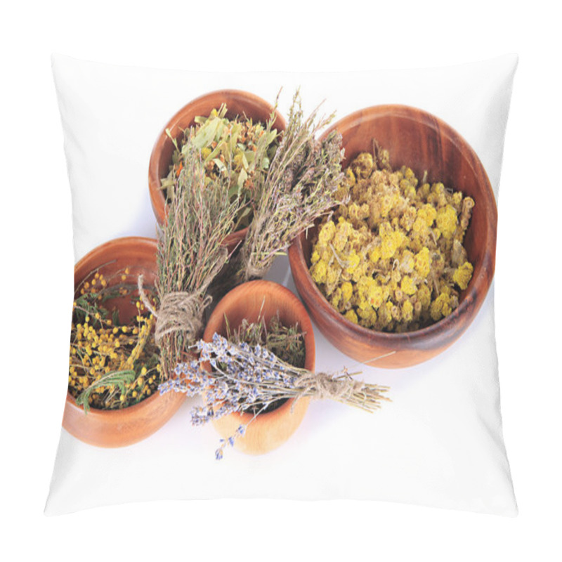 Personality  Medicinal Herbs In Wooden Bowls Isolated On White Pillow Covers