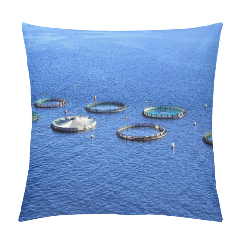 Personality  Aquaculture Settlement, Fish Farm With Floating Circle Cages Around Bay Of Attica In Greece. Pillow Covers