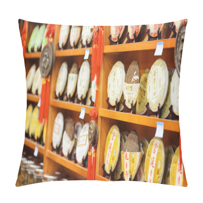 Personality  Disks Of Post-fermented Tea Yunnan Puer On Shop Shelves, Lijiang Pillow Covers