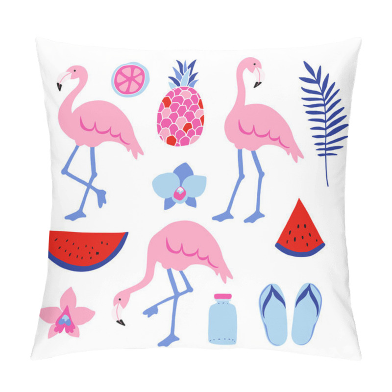 Personality  Summer Tropical Graphic Elements. Flamingo Birds. Jungle Floral Illustrations, Palm Leaves, Orchid Flowers, Pineapple,watermelon Pillow Covers