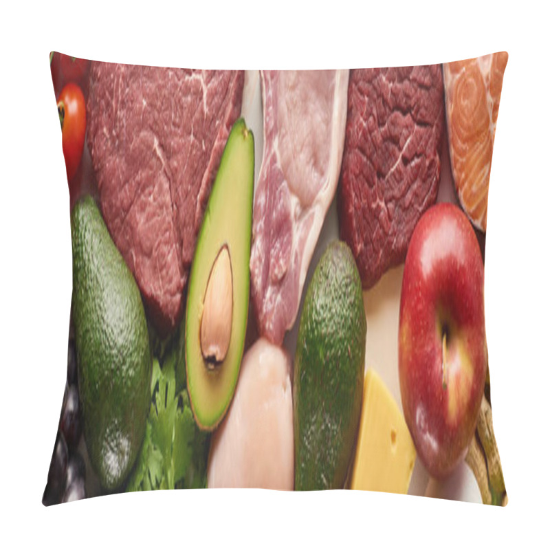 Personality  Panoramic Shot Of Raw Meat, Fish And Poultry Near Avocados, Tomatoes, Grape, Apple Cheese And Peanuts Pillow Covers