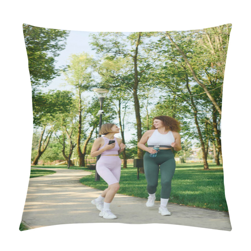 Personality  Two Women Share Laughter And Conversation While Strolling Through A Vibrant Park. Pillow Covers