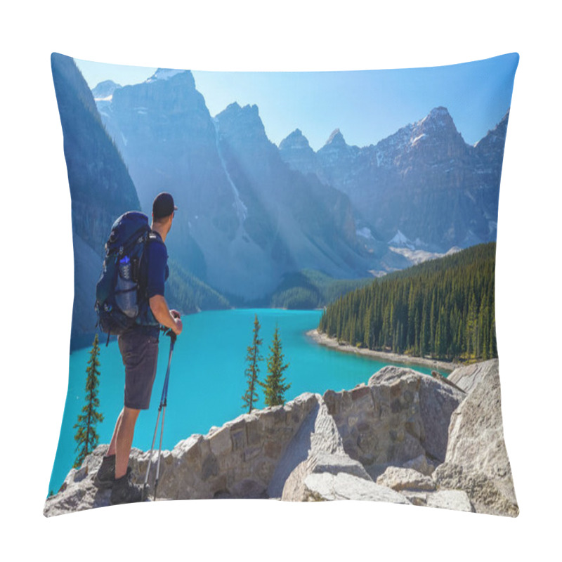 Personality  Moraine Lake Rockpile Trail In Summer Sunny Day Morning, Tourists Enjoying The Beautiful Scenery. Banff National Park, Canadian Rockies, Alberta, Canada. Pillow Covers