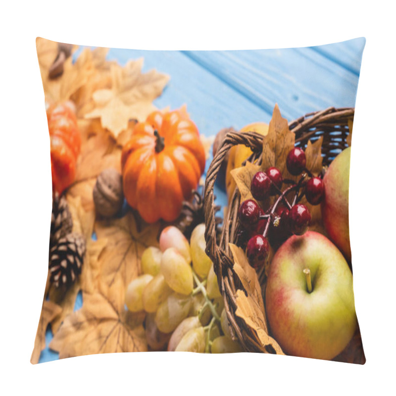 Personality  Selective Focus Of Autumnal Harvest In Basket And Foliage On Blue Wooden Background Pillow Covers