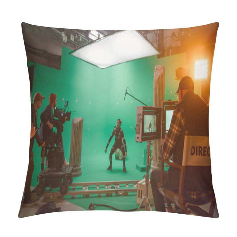 Personality  In The Big Film Studio Professional Crew Shooting Blockbuster Movie. Director Commands Cameraman To Start Shooting Green Screen CGI Scene With Actor Wearing Motion Capture Suit And Head Rig Pillow Covers