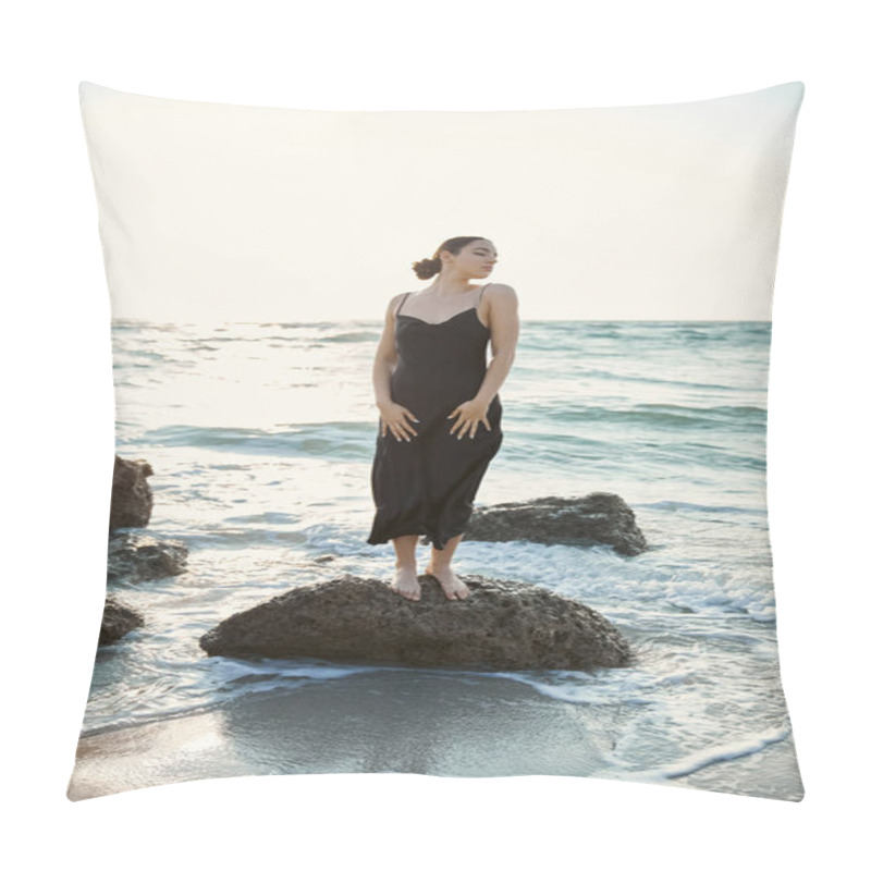 Personality  A Young Woman In A Black Sundress Stands On A Rock Near The Ocean, Enjoying The Sunset On Miami Beach. Pillow Covers