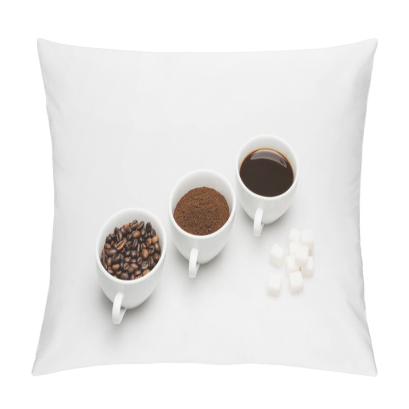 Personality  Cups With Prepared And Ground Coffee Near Beans And Sugar Cubes On White Pillow Covers