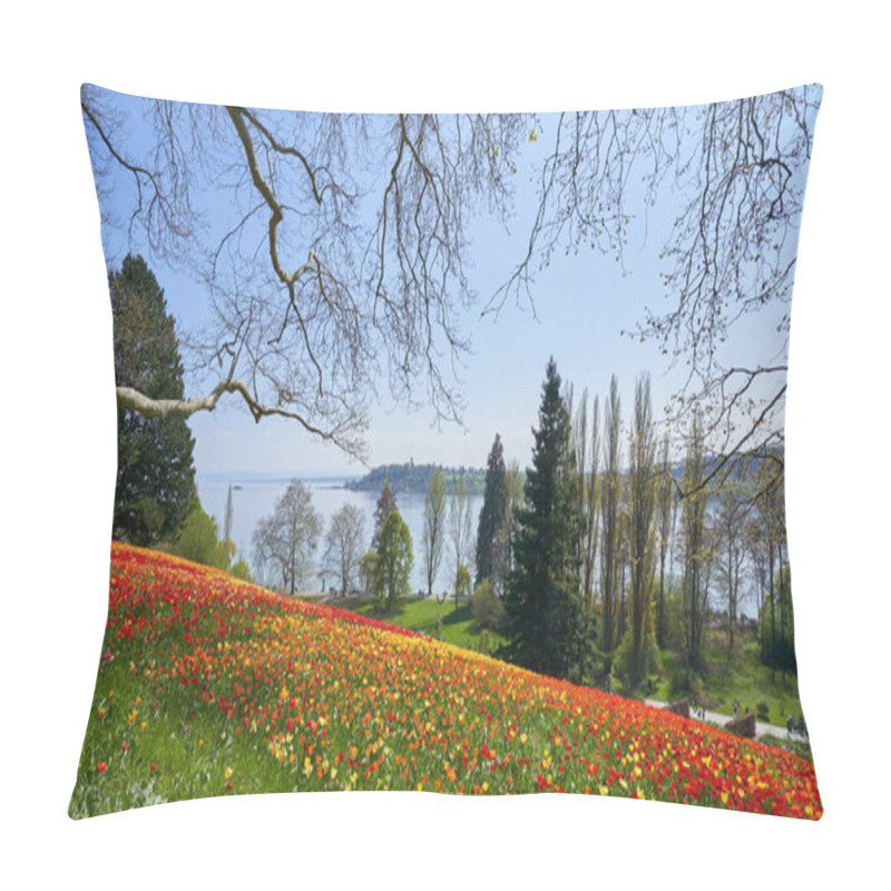 Personality  Picturesque Landscape With A Field Of Red And Yellow Tulips And A View Of Lake Bodensee Pillow Covers