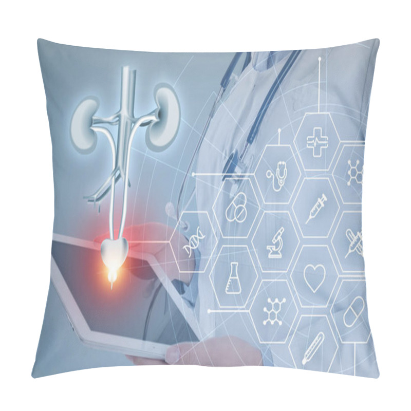 Personality  Doctor Holding Modern Tablet, Virtual Image Of Urinary System And Different Icons On Light Background, Closeup Pillow Covers