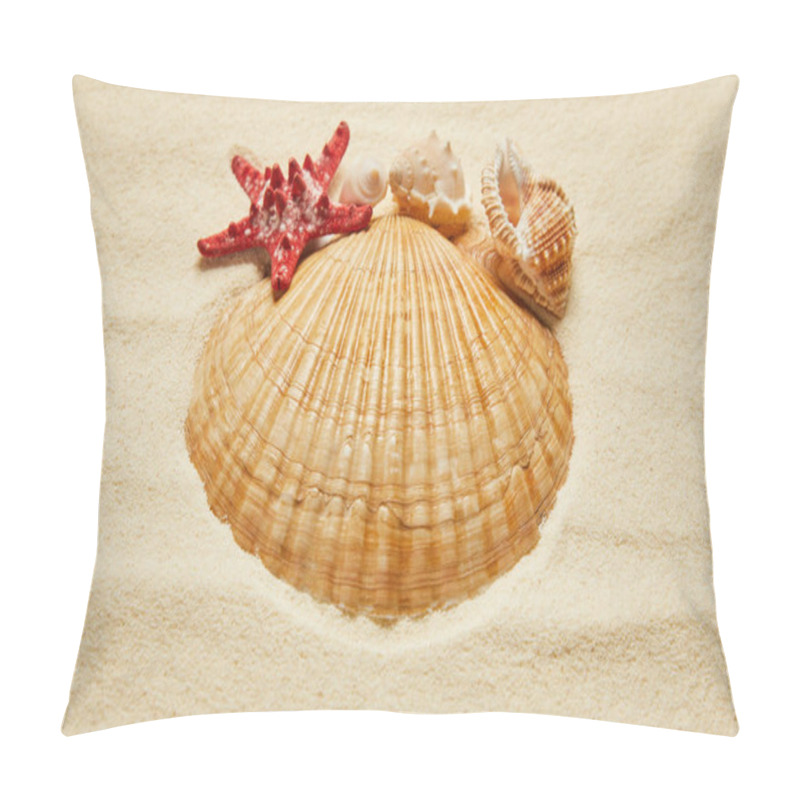 Personality  Selective Focus Of Seashells Near Red Starfish On Beach With Golden Sand  Pillow Covers