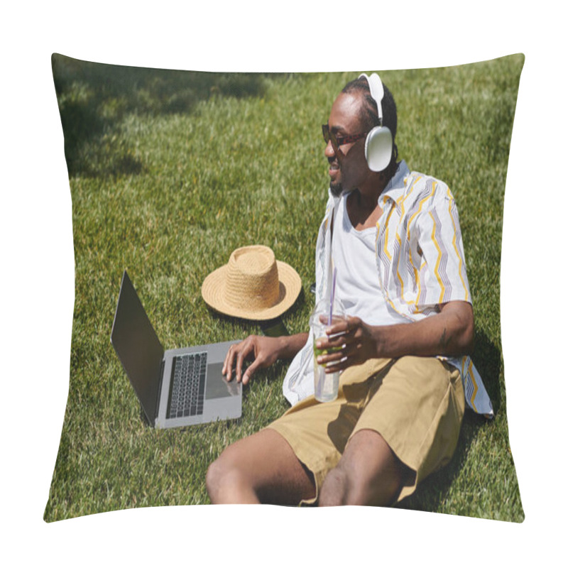 Personality  A Young African American Man Relaxes On The Grass, Working With Joy In A Peaceful Park Setting. Pillow Covers