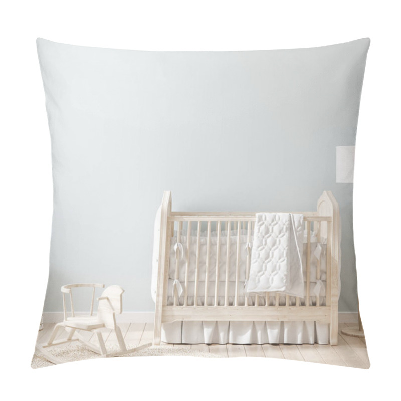 Personality  Cozy Light Blue Nursery With Natural Wooden Furniture, 3d Render Pillow Covers