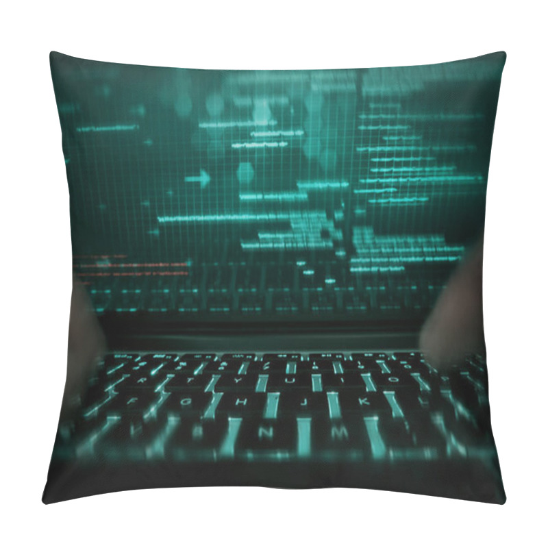 Personality  Cyber Hacker Attack Data Secure In Spy Typing On Laptop Keyboard  Pillow Covers